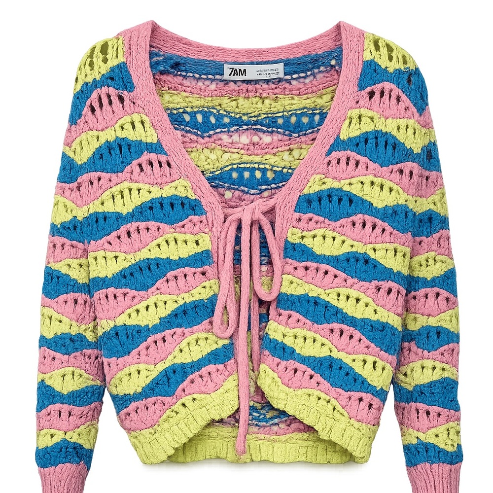 Zara Pink Blue Yellow Crochet Openwork Tie-Front V-Neck Sweater